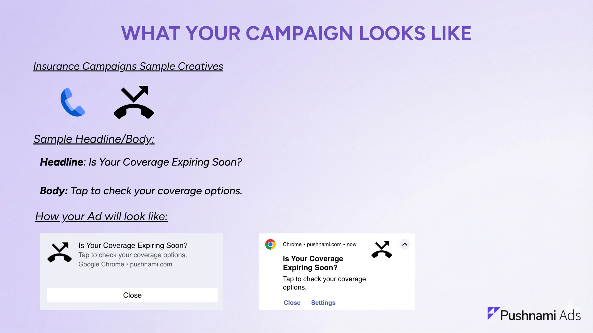 Insurance creative example: "Is Your Coverage Expiring Soon?" / "Tap to check your coverage options."