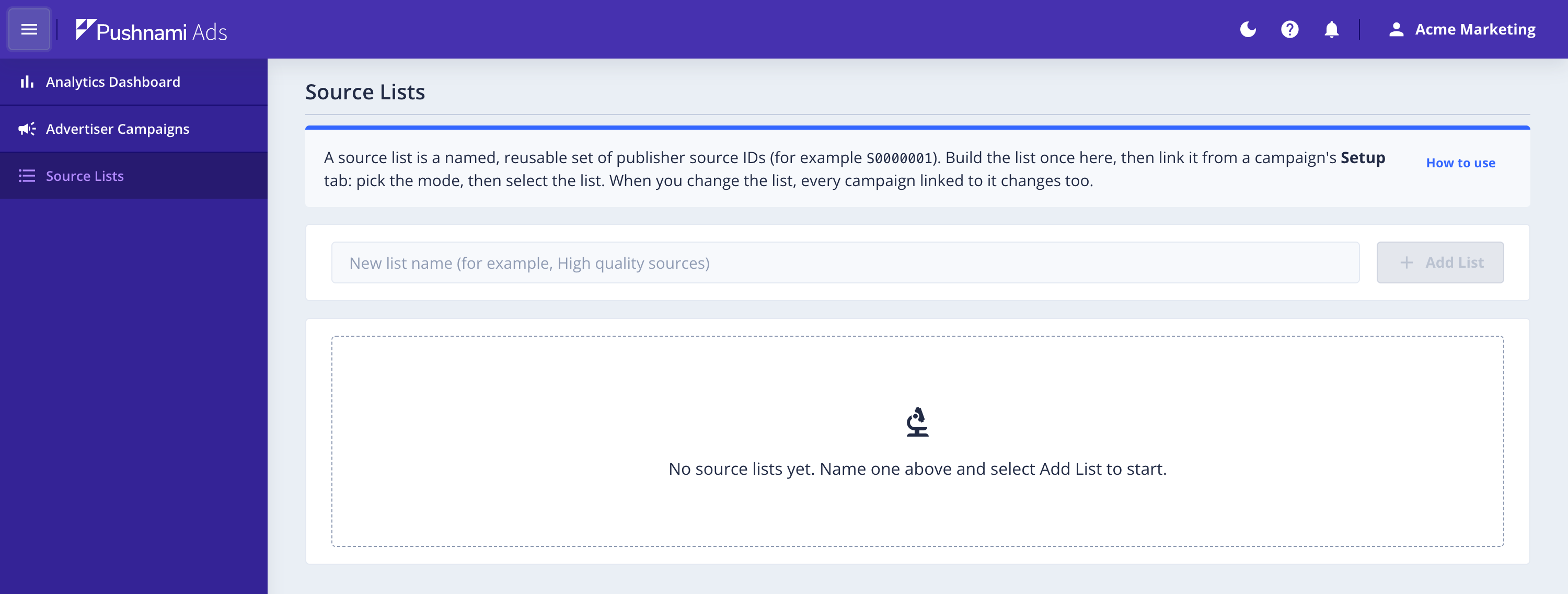 The Source Lists page, reached from the left menu, with the empty state before any list exists