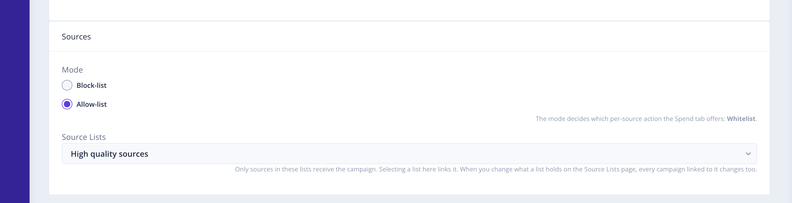 The Sources section in Allow-list mode with a source list linked