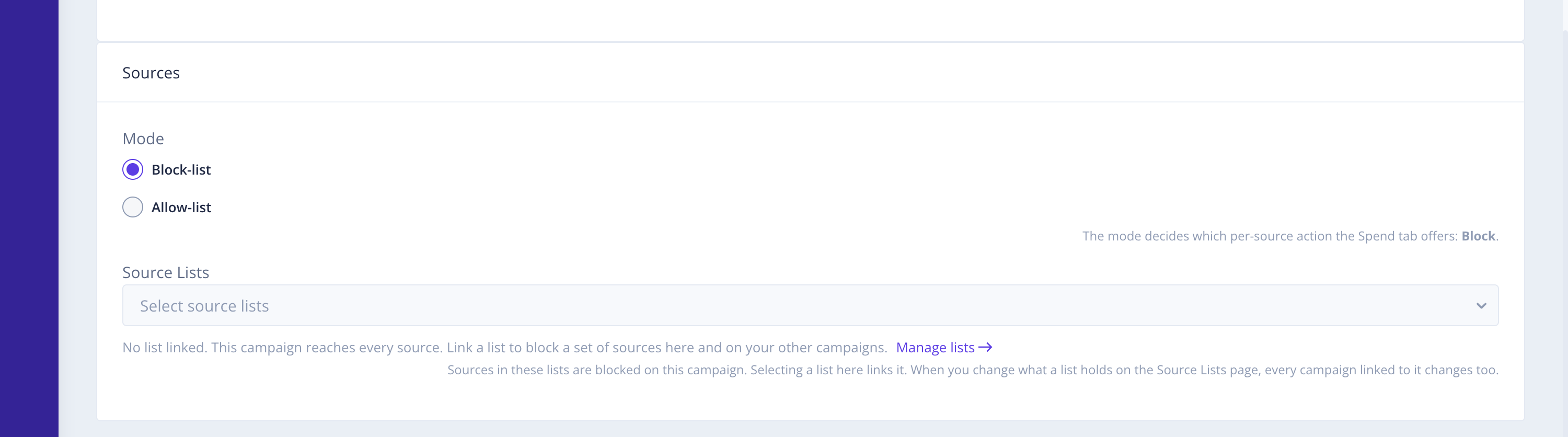 The Sources section of a campaign Setup tab, in Block-list mode with no list linked
